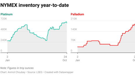 Nymex Platinum Stocks Flat as Palladium Shifts